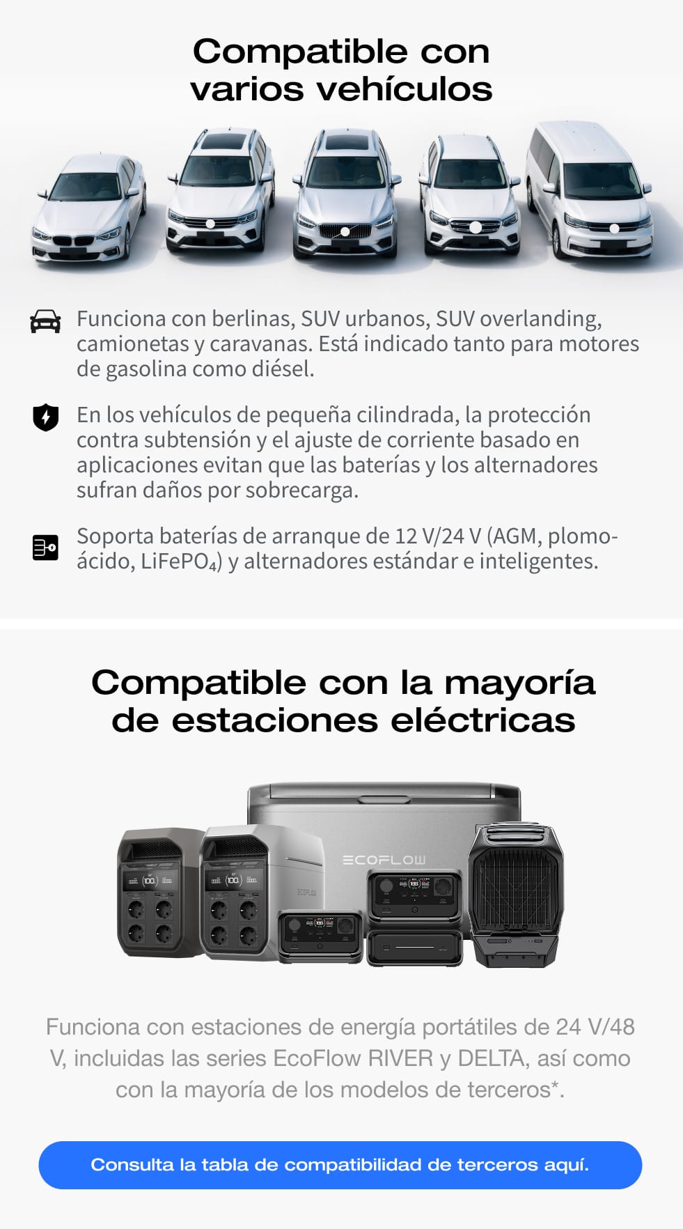 Compatibilidad universal con baterías de vehículos y estaciones de energía