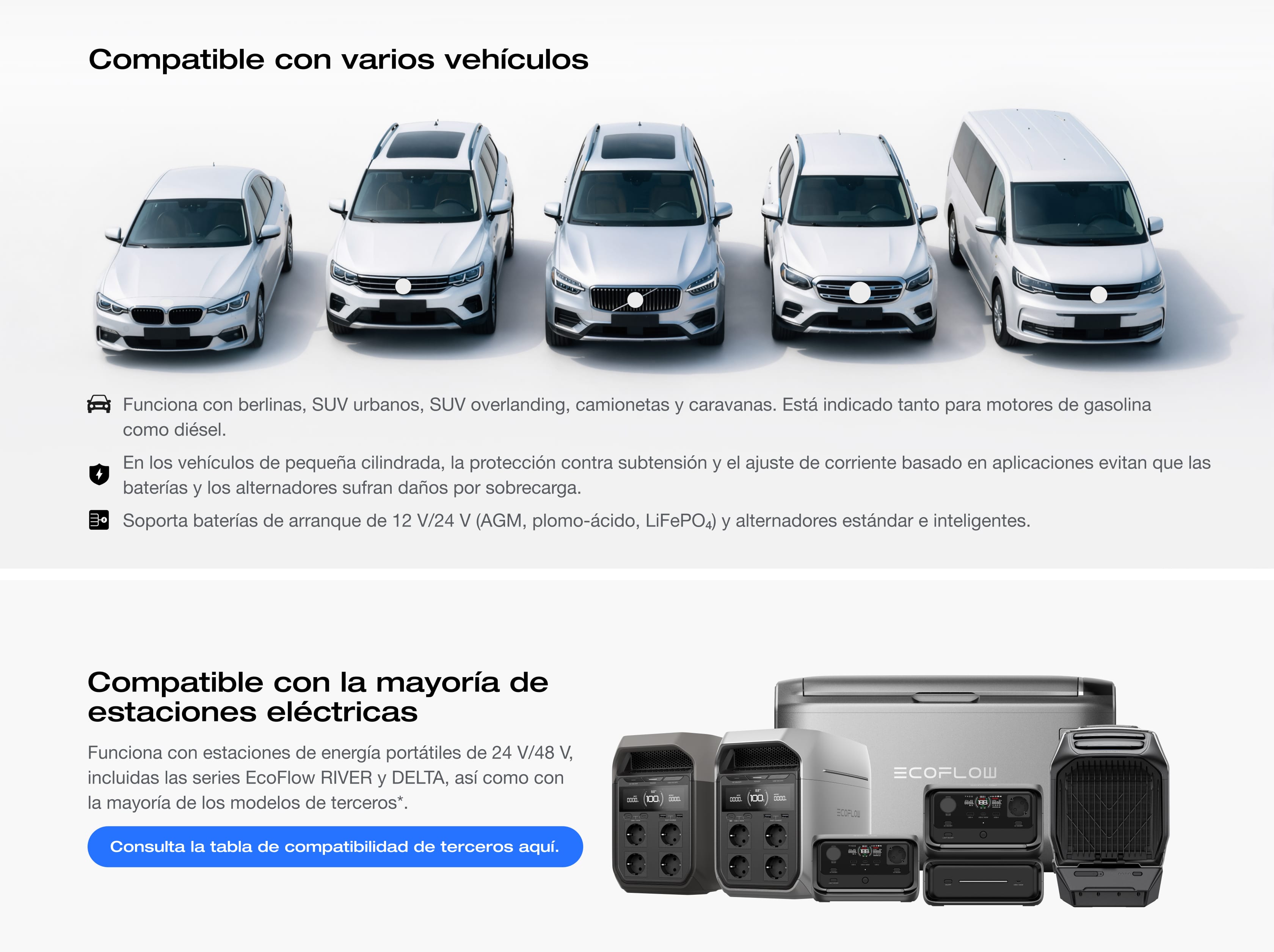 Compatibilidad universal con baterías de vehículos y estaciones de energía